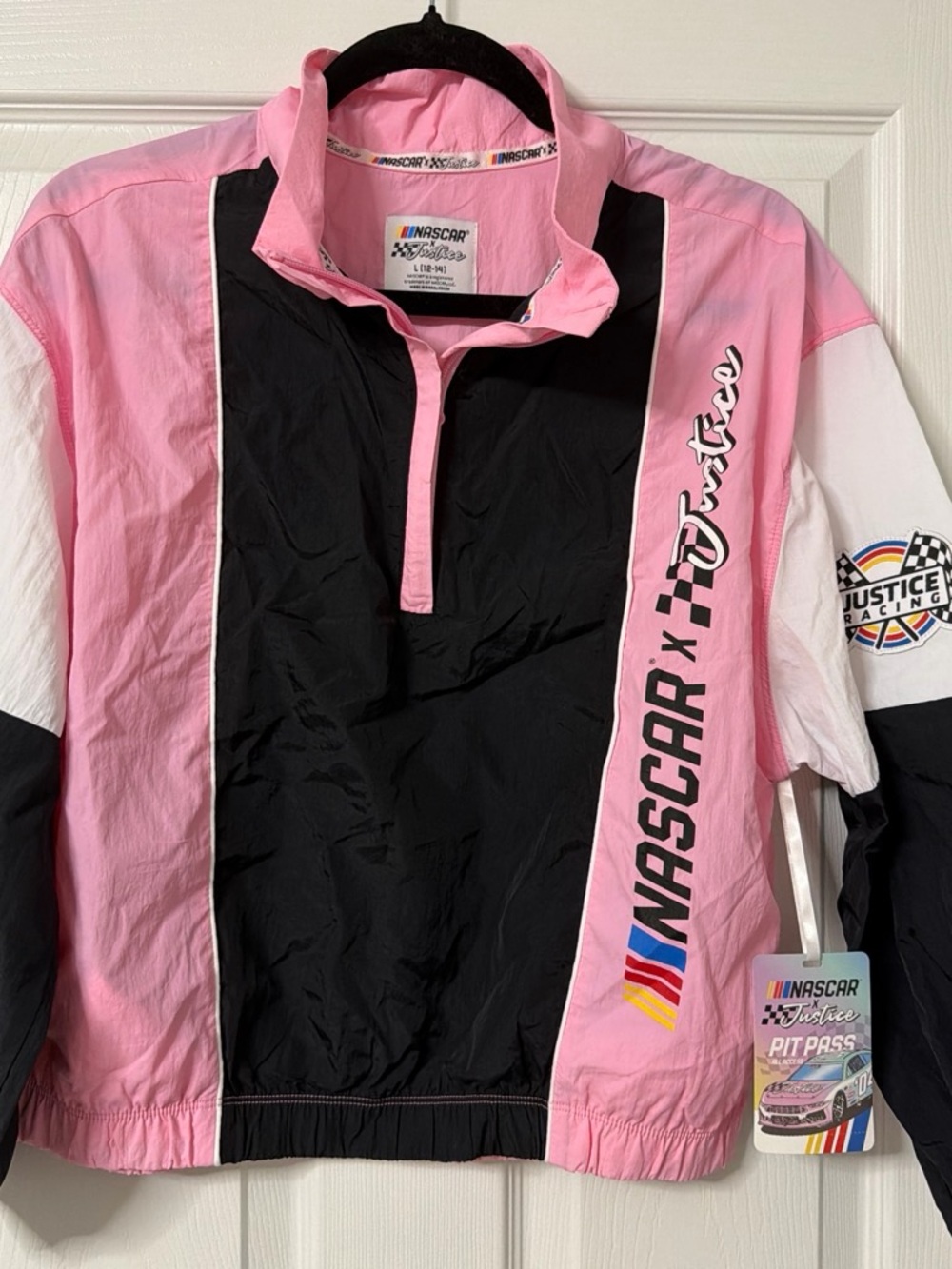 NWT Justice Kids sz L Pink & Black NASCAR Racing Jacket